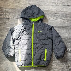 Nike Kids Gray Puffer Jacket with Neon Green Accents